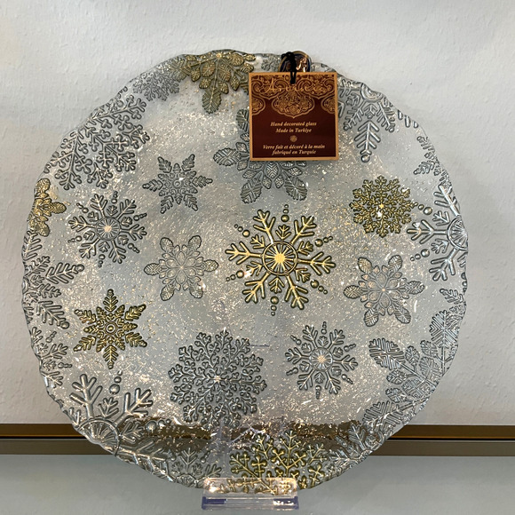 Artistic Accents Turkish Glass Serving Platter 13in Gold Silver Snowflakes NEW - Picture 2 of 11